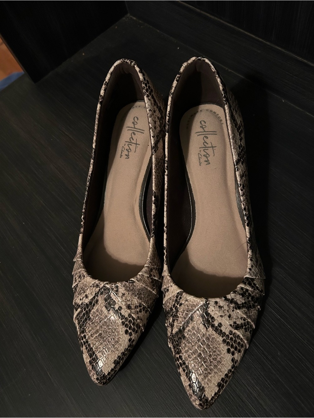Clarks Snake-Print Pointed Toe Flats in Beige and Black